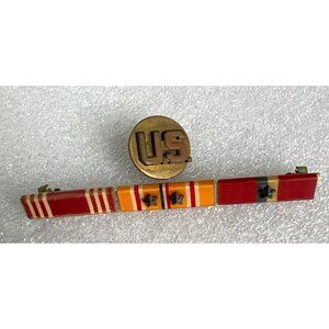 Vintage U.S. Military Lapel Bronze Pin US & Ribbon Bar Set WWII Memorabilia